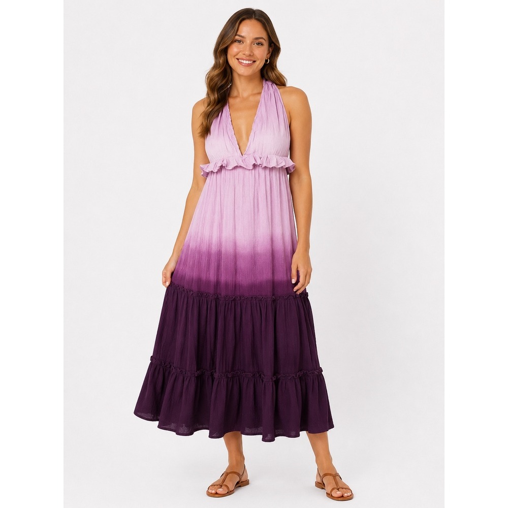 Earthbound Purple Ombre Cotton Gauze Ruffle Tiered Halter Midi  Dress S/M Beach‎